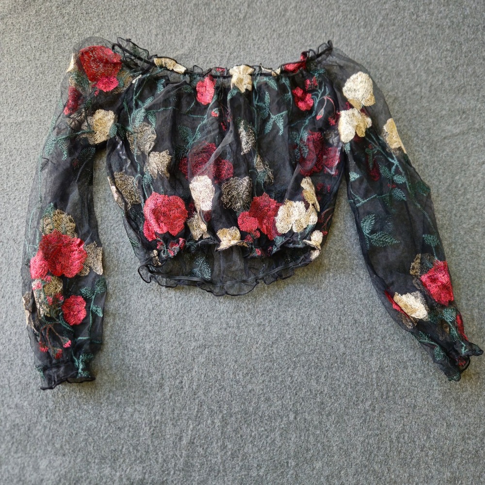 Dark Floral Embroidered Sheer Garden Veil Off Shoulder Date Night Crop Top Small